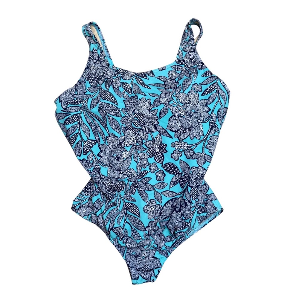 Lands End 16W DDD One Piece Swimsuit Turquoise Navy Blue Floral Print